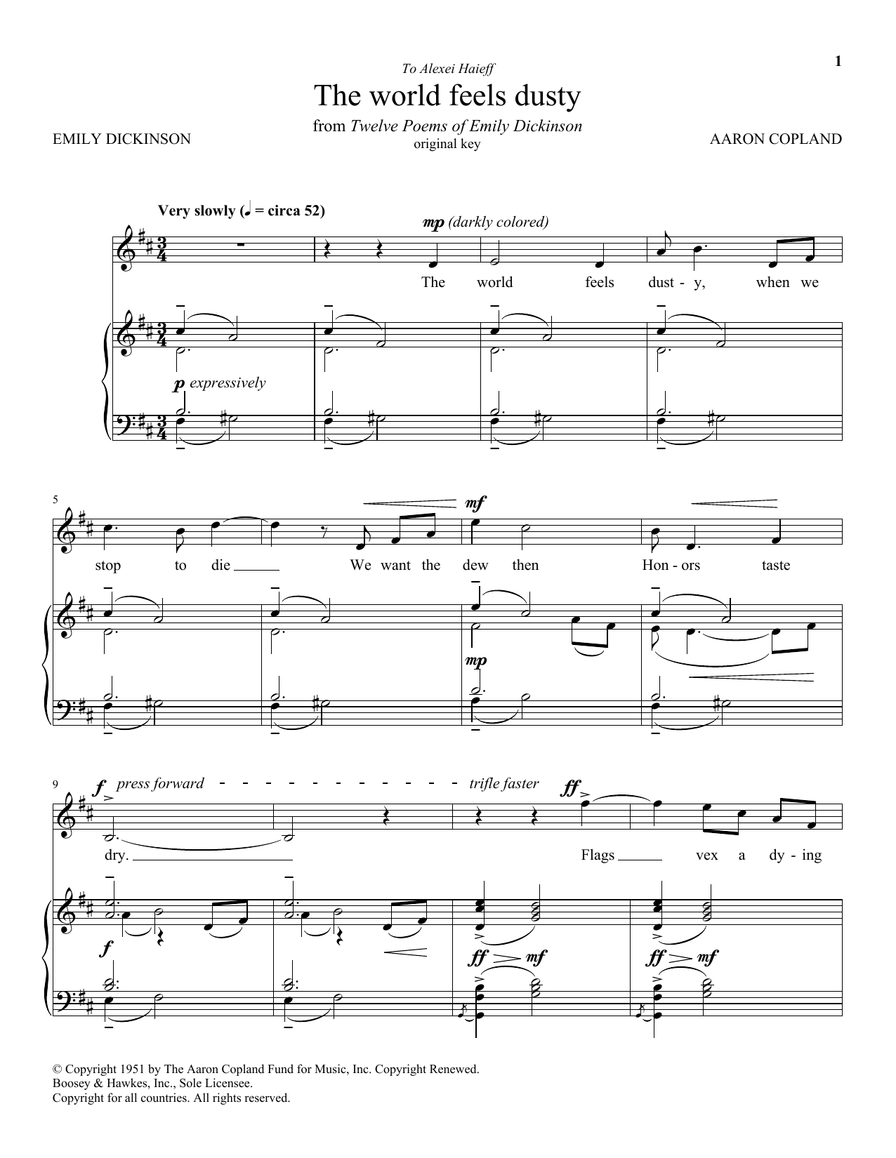Aaron Copland The World Feels Dusty sheet music notes and chords arranged for Piano & Vocal