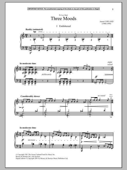 Aaron Copland Three Moods (Embittered) sheet music notes and chords arranged for Piano Solo