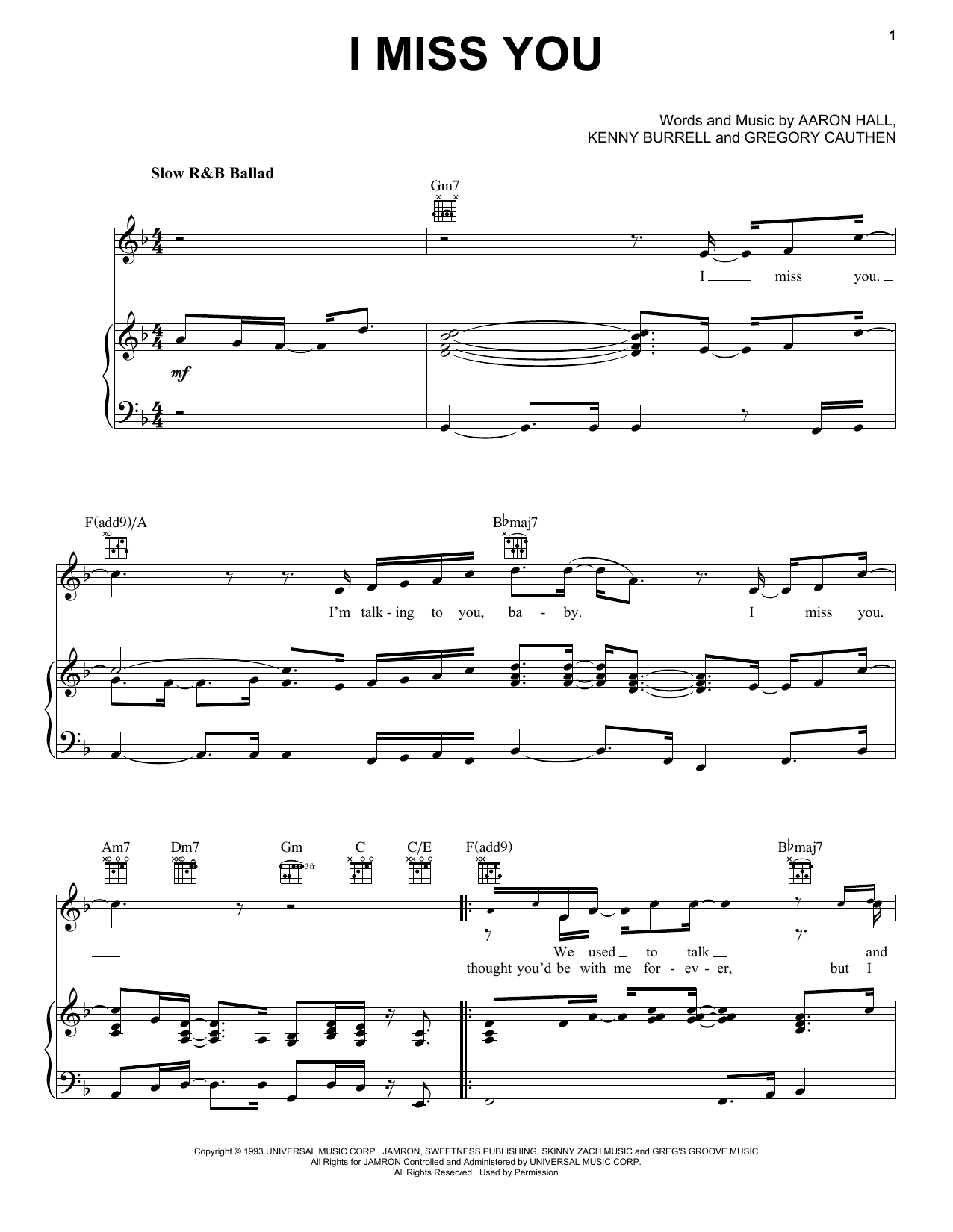 Aaron Hall I Miss You sheet music notes and chords arranged for Piano, Vocal & Guitar Chords (Right-Hand Melody)