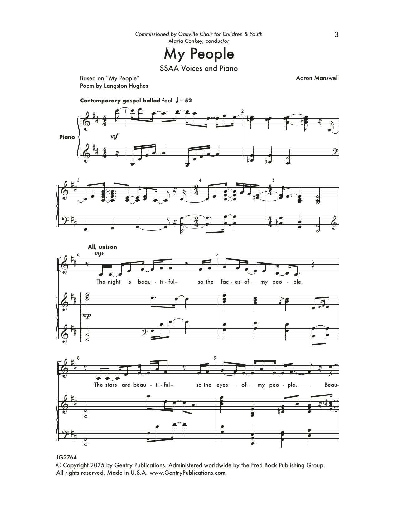 Aaron Manswell My People sheet music notes and chords arranged for SSAA Choir