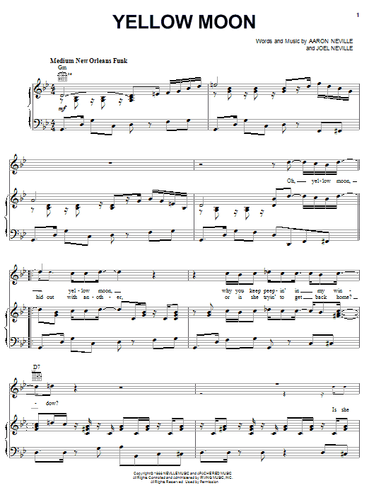 Aaron Neville Yellow Moon sheet music notes and chords arranged for Piano, Vocal & Guitar Chords (Right-Hand Melody)