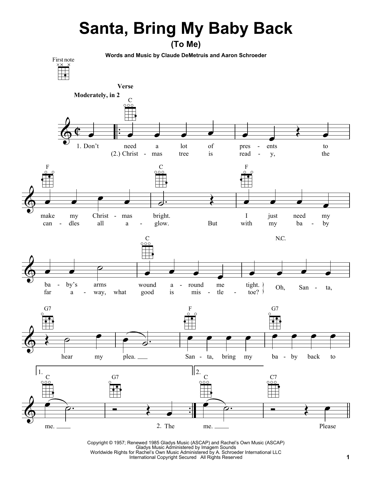 Aaron Schroeder Santa, Bring My Baby Back (To Me) sheet music notes and chords arranged for Ukulele