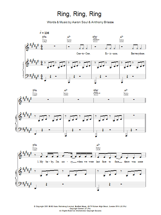Aaron Soul Ring, Ring, Ring sheet music notes and chords arranged for Piano, Vocal & Guitar Chords
