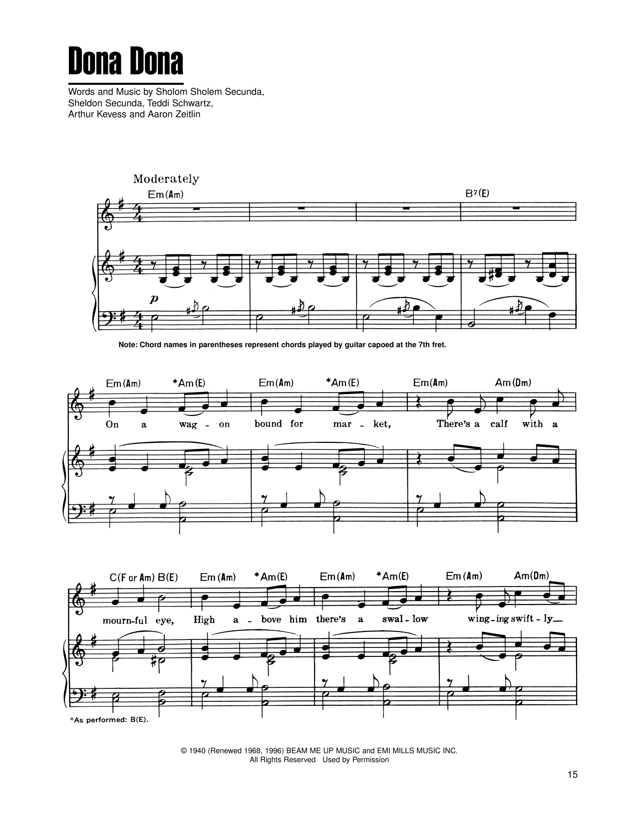 Aaron Zeitlin Dona Dona sheet music notes and chords arranged for Piano, Vocal & Guitar Chords (Right-Hand Melody)