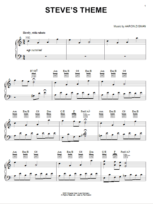 Aaron Zigman Steve's Theme (from The Last Song) sheet music notes and chords arranged for Piano Solo