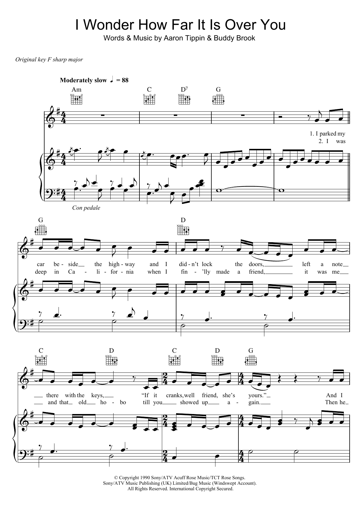 Aaron Tippin I Wonder How Far It Is Over You sheet music notes and chords arranged for Piano, Vocal & Guitar Chords