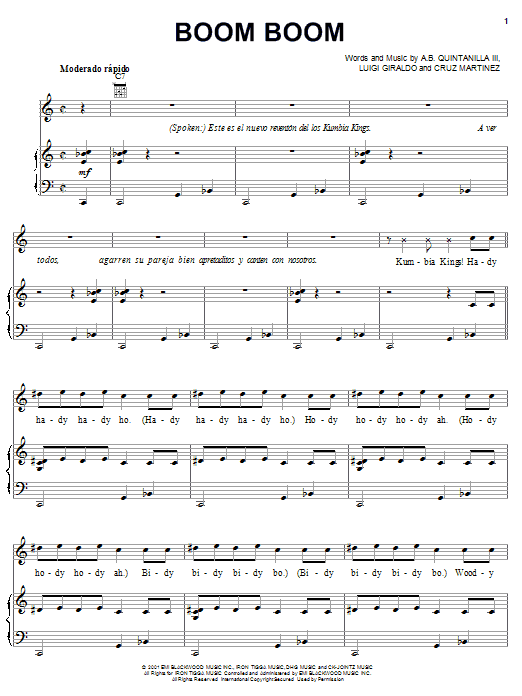 A.B. Quintanilla III Boom Boom sheet music notes and chords arranged for Piano, Vocal & Guitar Chords (Right-Hand Melody)