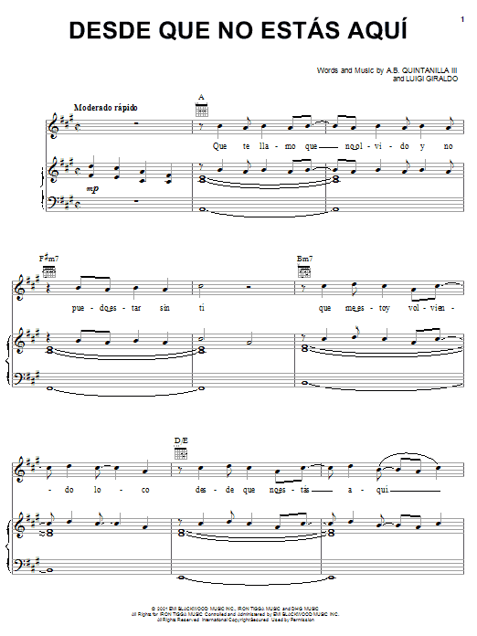 A.B. Quintanilla III Desde Que No Estas Aqui sheet music notes and chords arranged for Piano, Vocal & Guitar Chords (Right-Hand Melody)