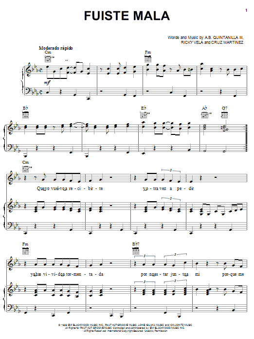 A.B. Quintanilla III Fuiste Mala sheet music notes and chords arranged for Piano, Vocal & Guitar Chords (Right-Hand Melody)