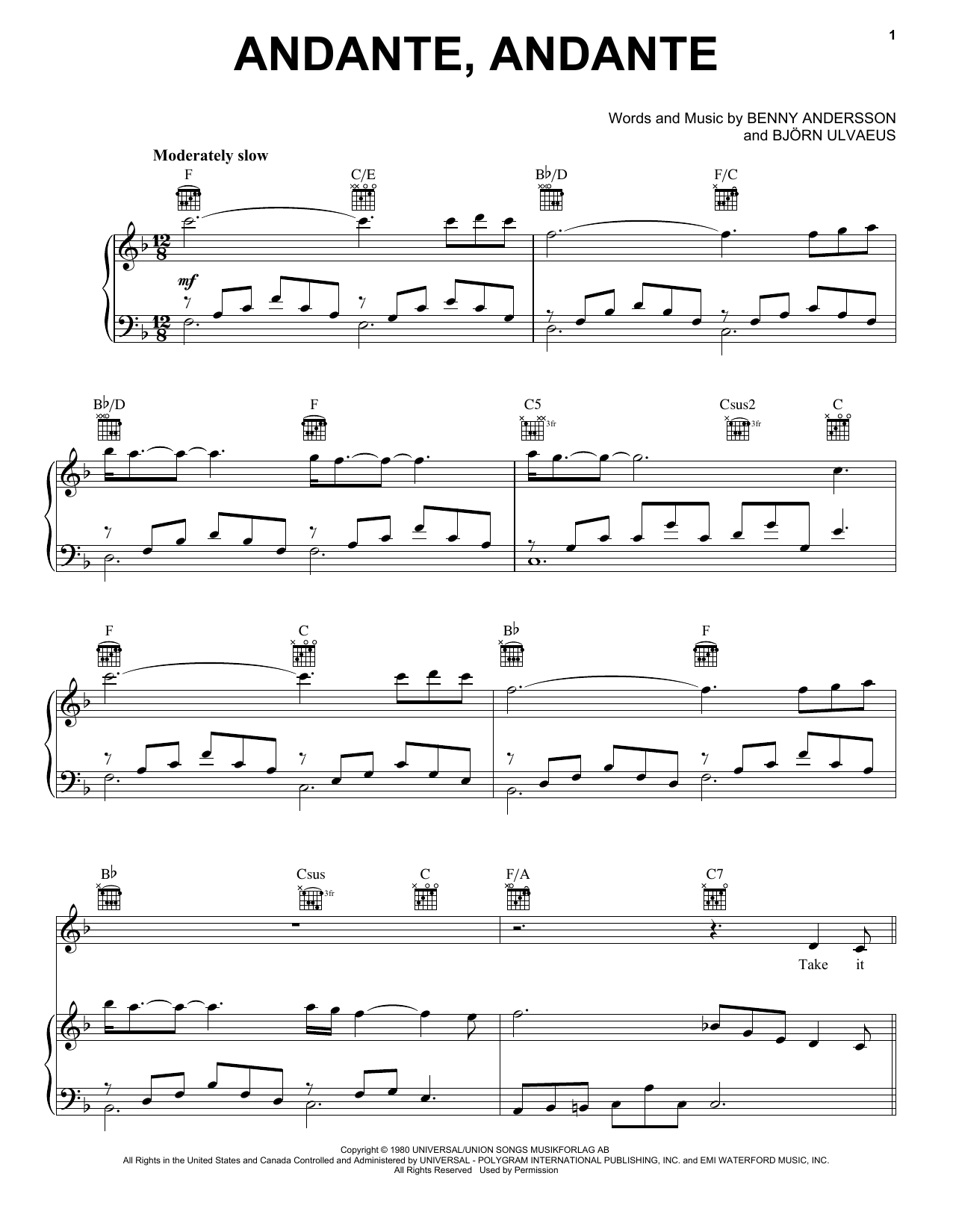 ABBA Andante, Andante (from Mamma Mia! Here We Go Again) sheet music notes and chords arranged for Piano, Vocal & Guitar Chords (Right-Hand Melody)