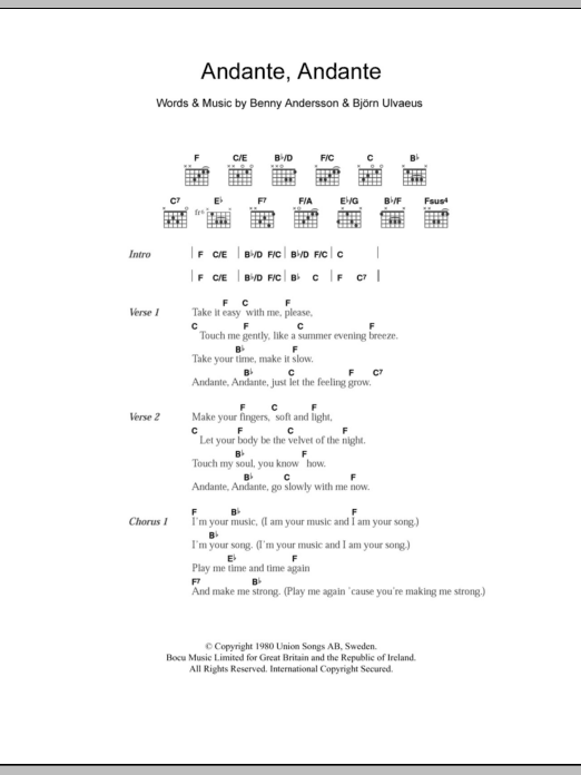 ABBA Andante, Andante sheet music notes and chords arranged for Really Easy Piano