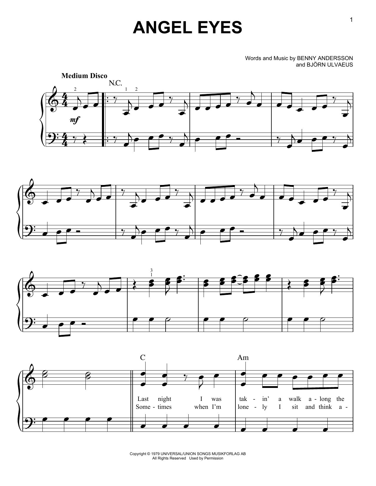 ABBA Angeleyes (from Mamma Mia! Here We Go Again) sheet music notes and chords arranged for Easy Piano