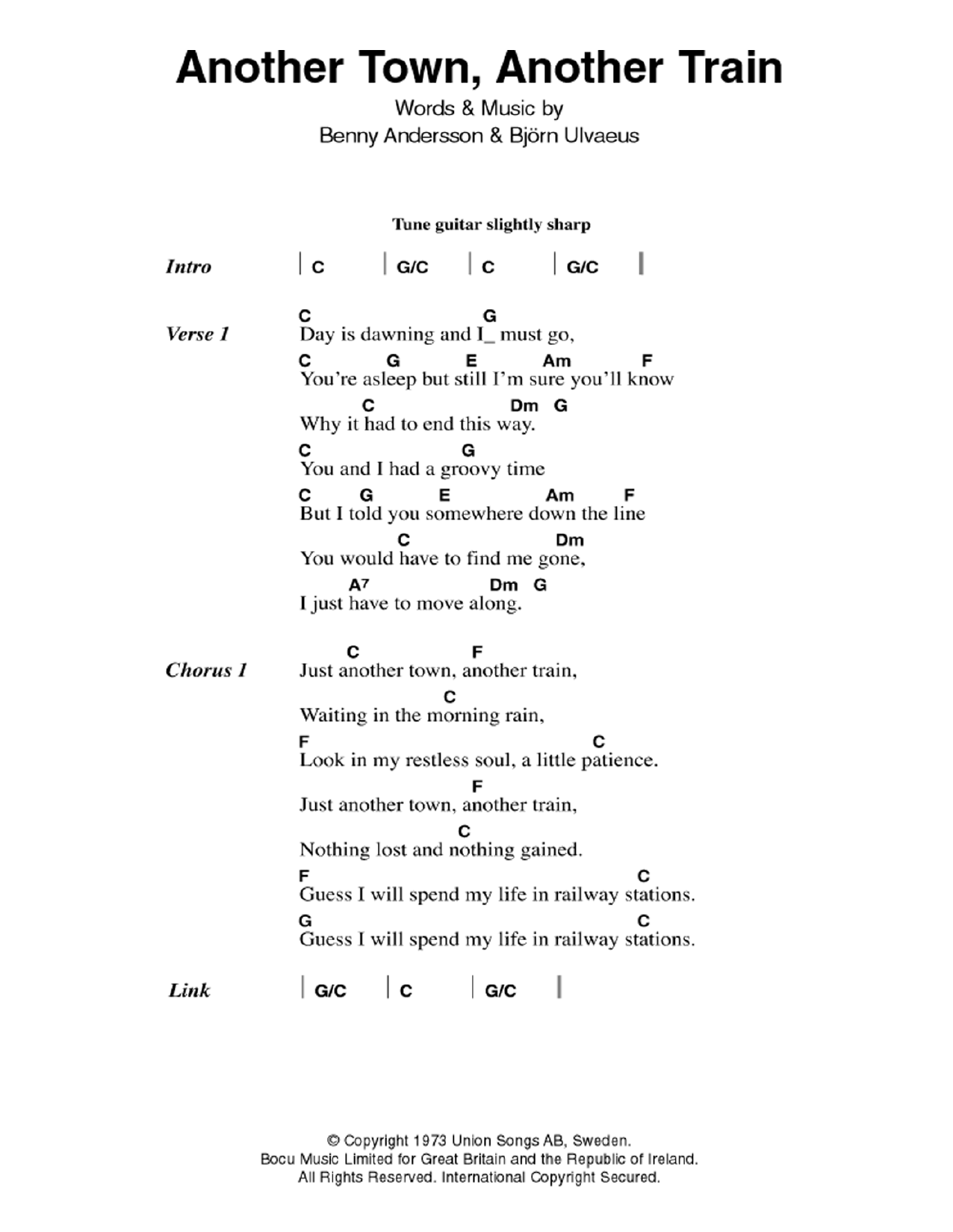 ABBA Another Town, Another Train sheet music notes and chords arranged for Guitar Chords/Lyrics