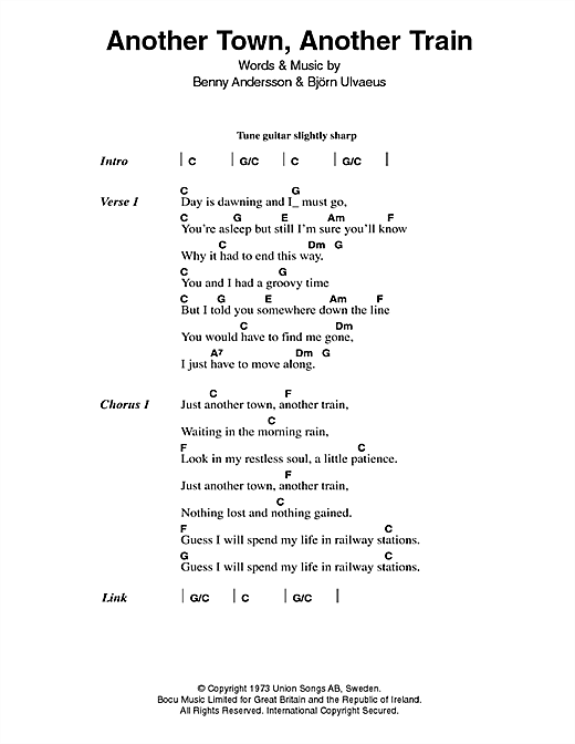 ABBA Another Town, Another Train sheet music notes and chords arranged for Guitar Chords/Lyrics