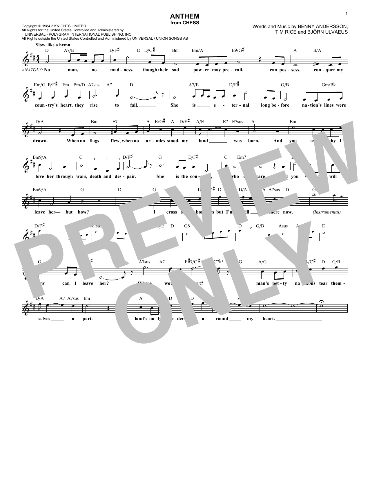 ABBA Anthem sheet music notes and chords arranged for Lead Sheet / Fake Book