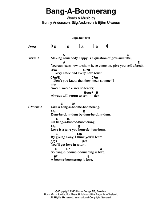 ABBA Bang-A-Boomerang sheet music notes and chords arranged for Guitar Chords/Lyrics