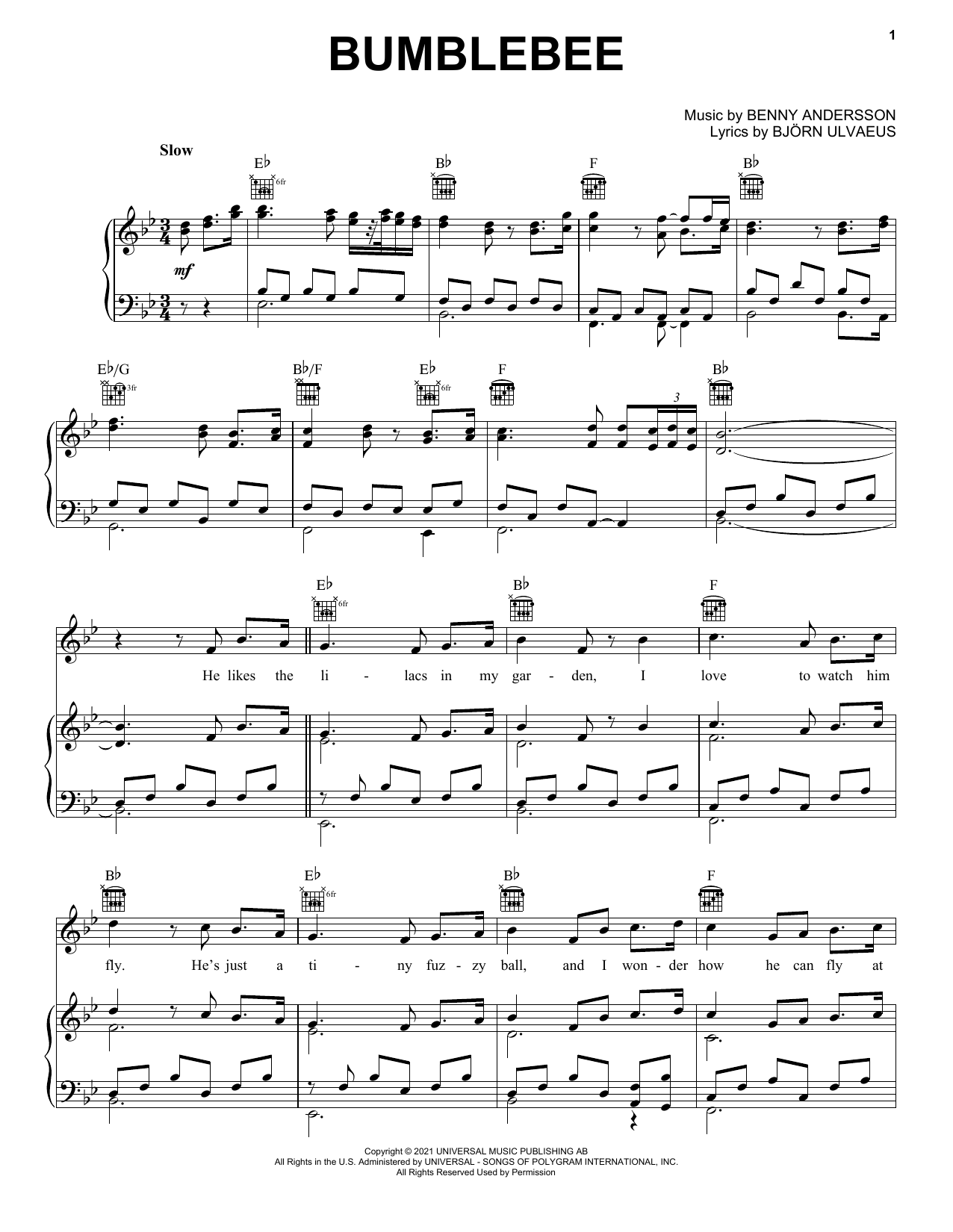 ABBA Bumblebee sheet music notes and chords arranged for Piano, Vocal & Guitar Chords (Right-Hand Melody)