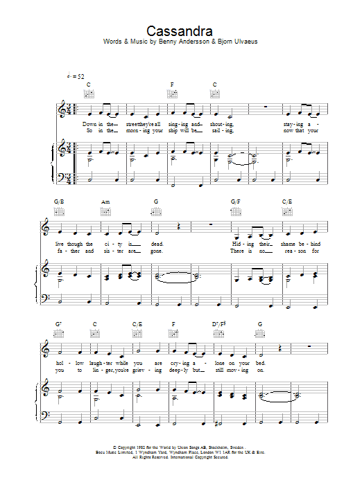 ABBA Cassandra sheet music notes and chords arranged for Guitar Chords/Lyrics