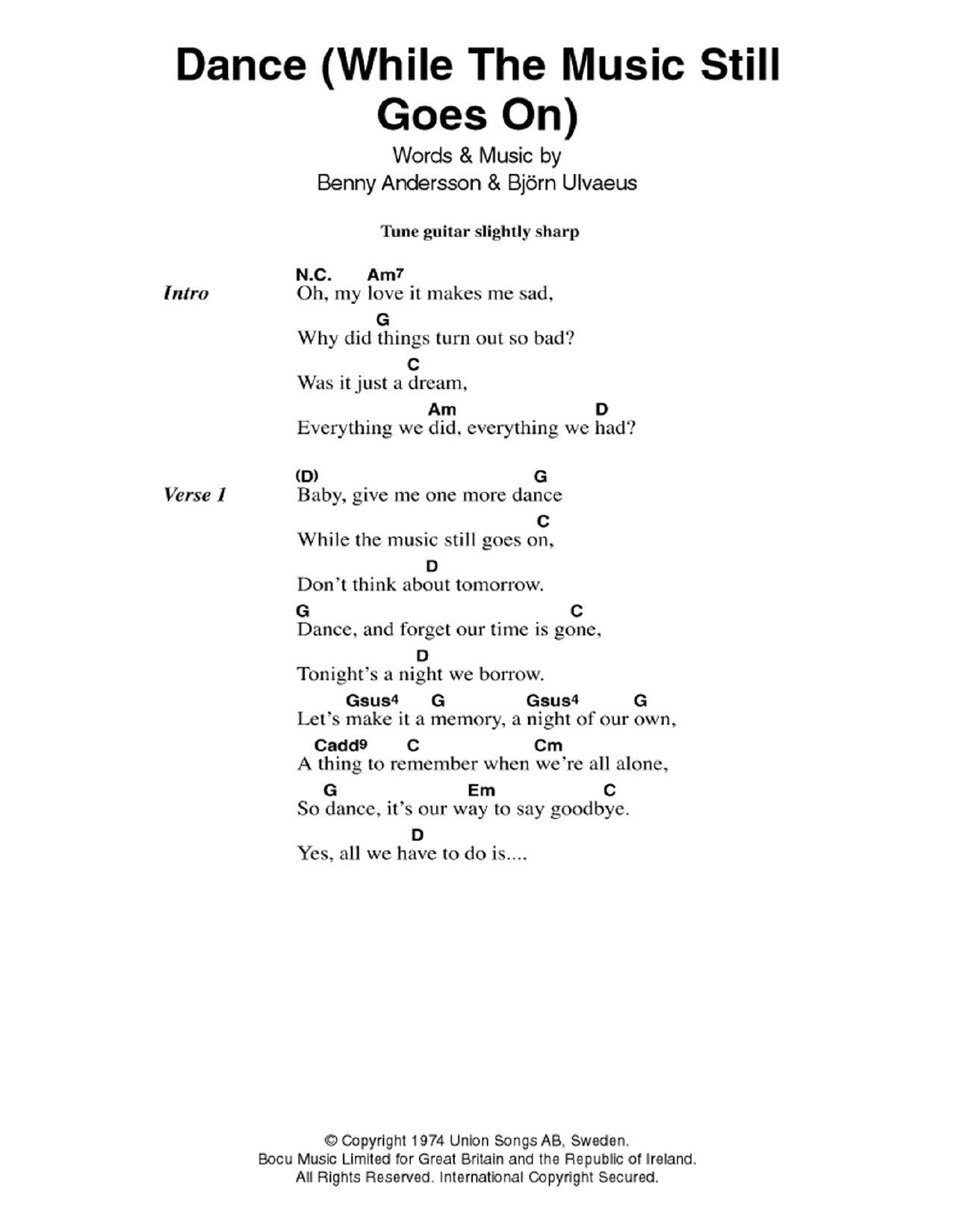 ABBA Dance (While The Music Still Goes On) sheet music notes and chords arranged for Guitar Chords/Lyrics