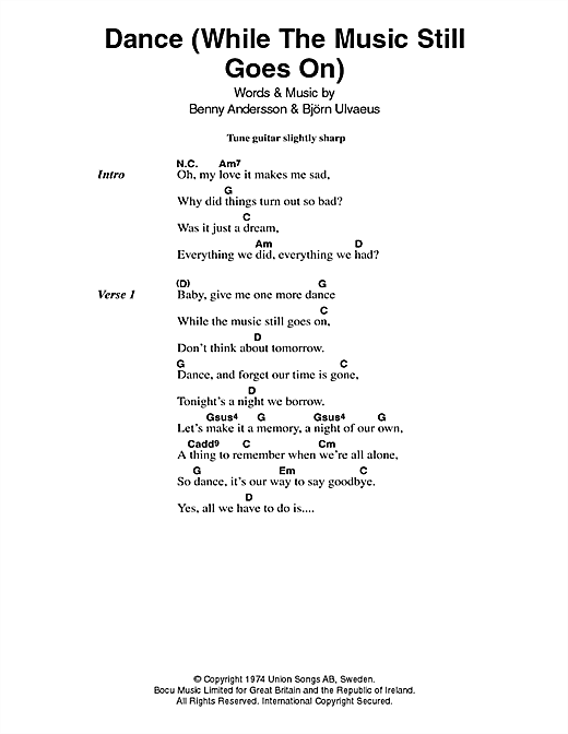 ABBA Dance (While The Music Still Goes On) sheet music notes and chords arranged for Guitar Chords/Lyrics