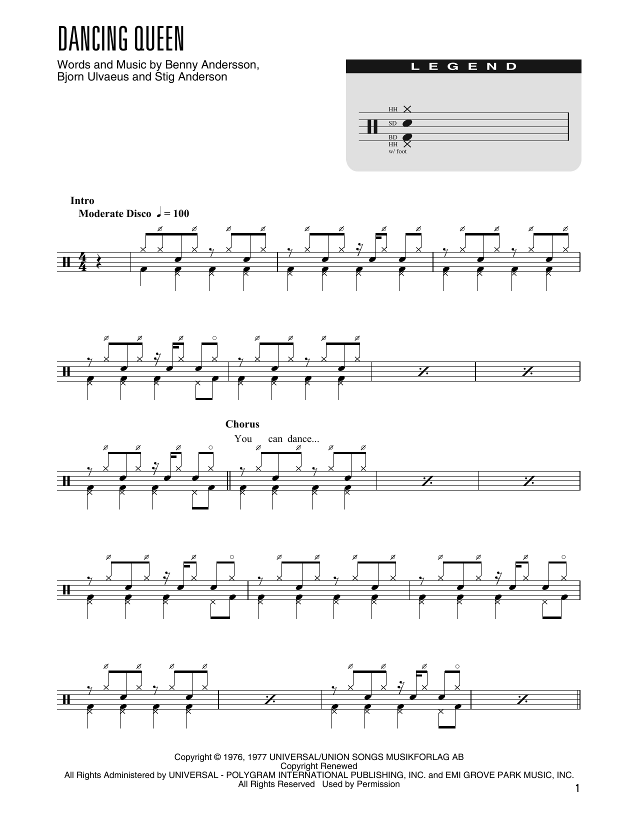 ABBA Dancing Queen (arr. Kennan Wylie) sheet music notes and chords arranged for Drum Chart