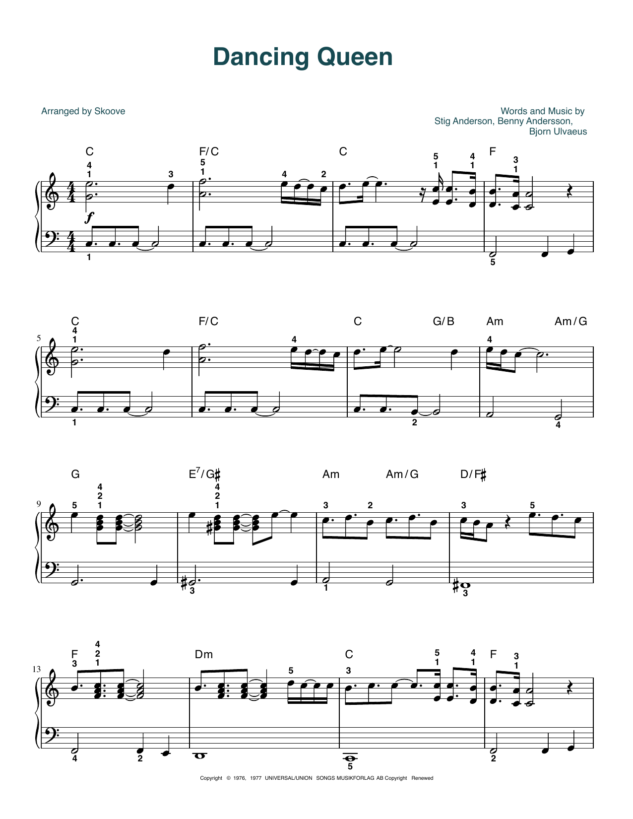 ABBA Dancing Queen (arr. Skoove) sheet music notes and chords arranged for Easy Piano