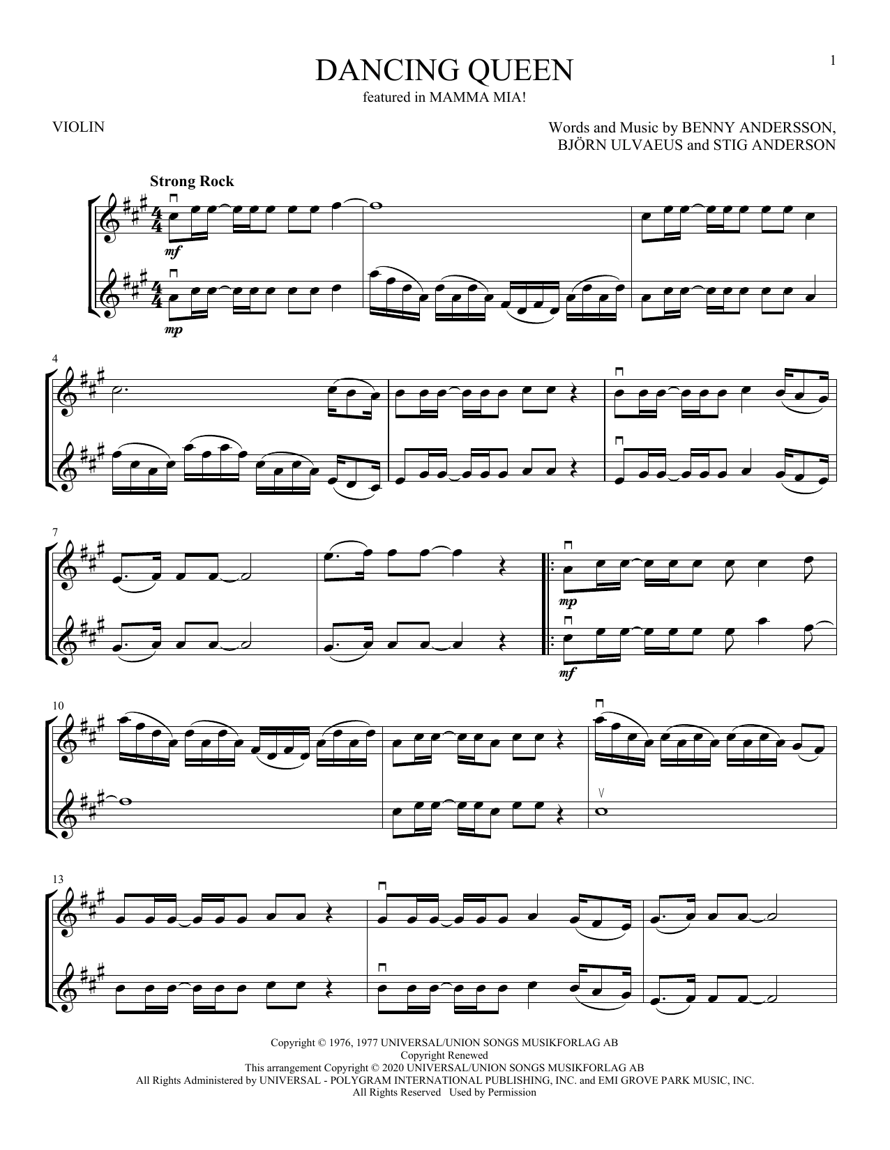 ABBA Dancing Queen (from Mamma Mia) sheet music notes and chords arranged for Violin Duet