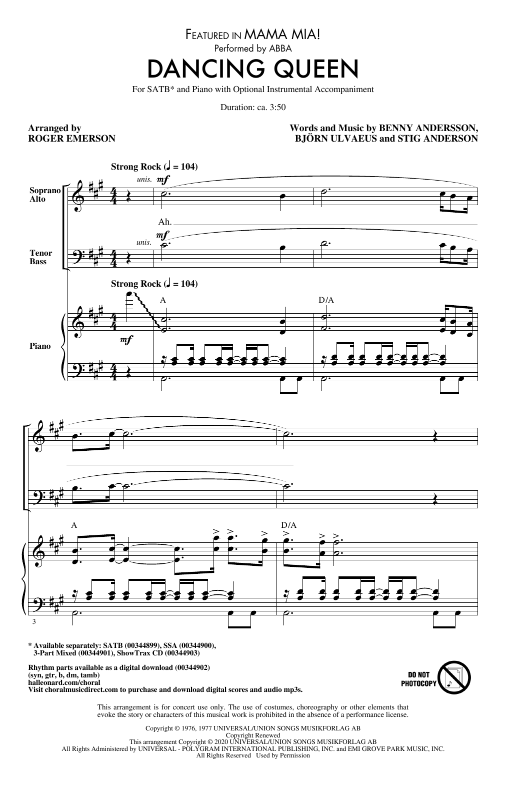 ABBA Dancing Queen (from Mamma Mia!) (arr. Roger Emerson) sheet music notes and chords arranged for SSA Choir
