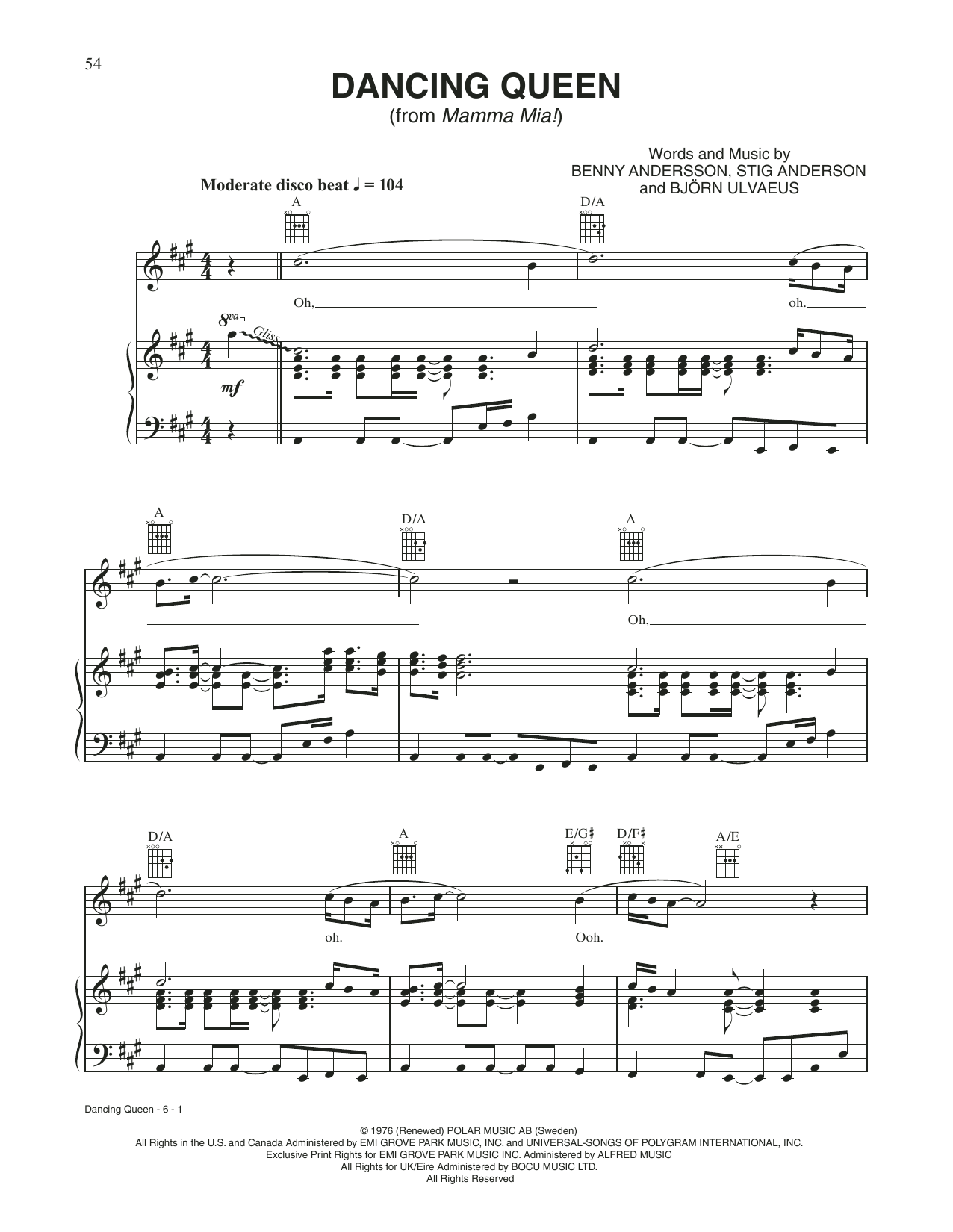 ABBA Dancing Queen (from Mamma Mia!) sheet music notes and chords arranged for Piano, Vocal & Guitar Chords (Right-Hand Melody)