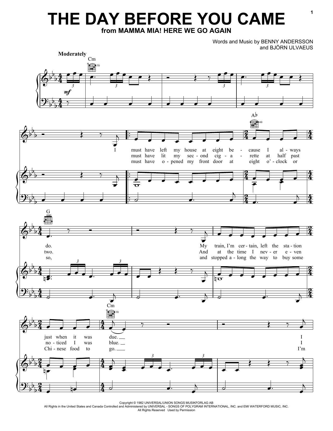 ABBA Day Before You Came (from Mamma Mia! Here We Go Again) sheet music notes and chords arranged for Easy Piano