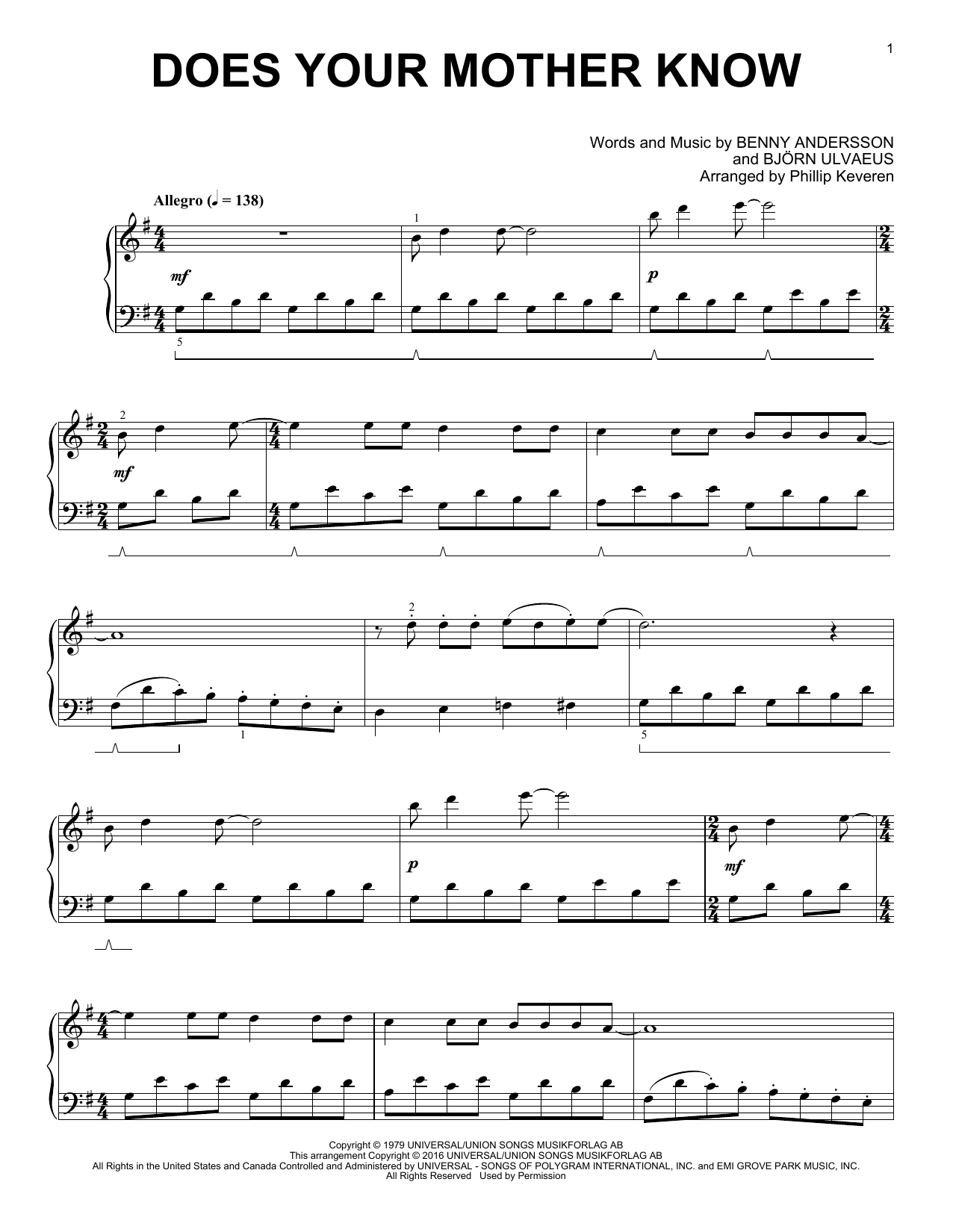 ABBA Does Your Mother Know (arr. Phillip Keveren) sheet music notes and chords arranged for Piano Solo