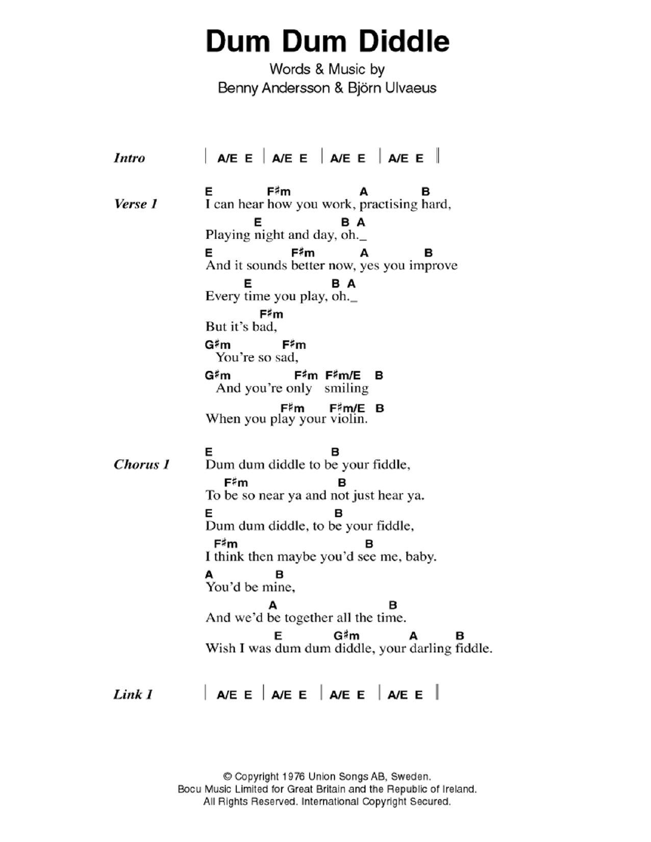 ABBA Dum Dum Diddle sheet music notes and chords arranged for Guitar Chords/Lyrics