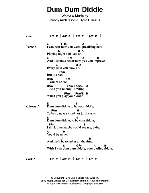 ABBA Dum Dum Diddle sheet music notes and chords arranged for Guitar Chords/Lyrics