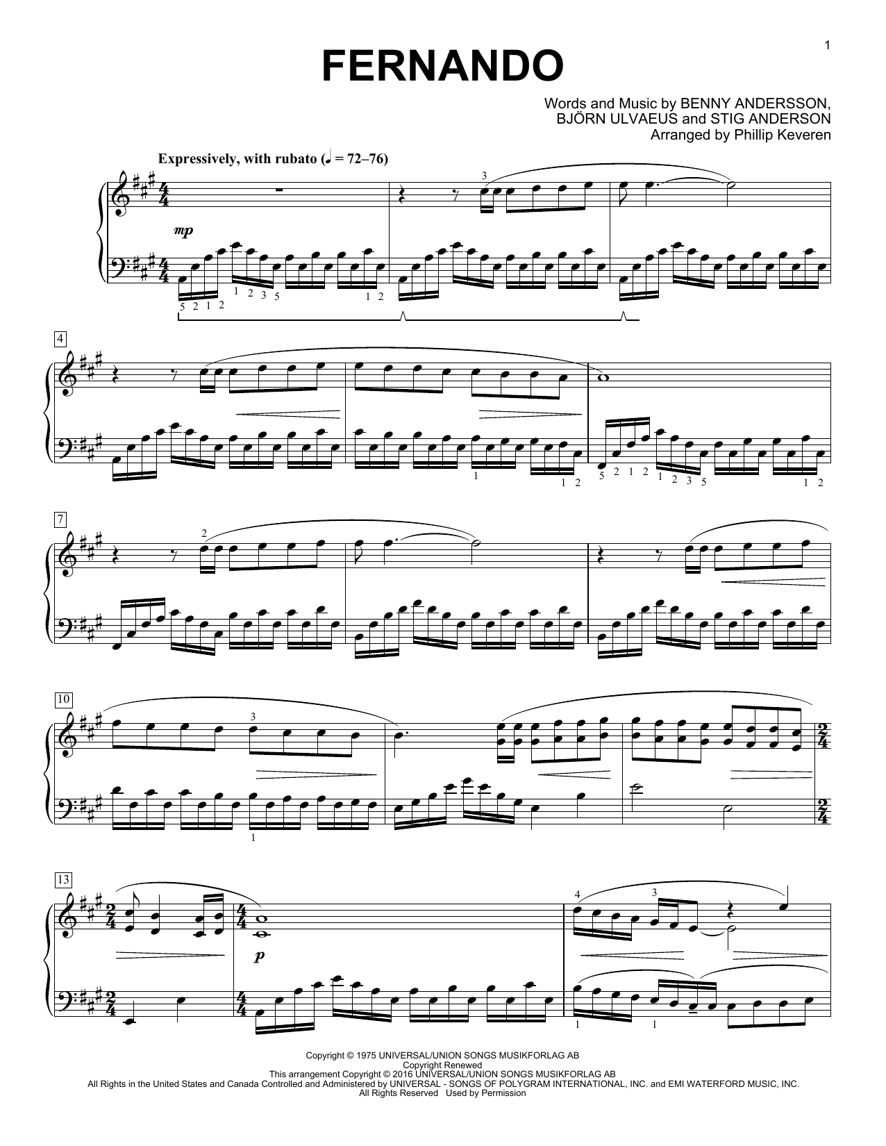 ABBA Fernando (arr. Phillip Keveren) sheet music notes and chords arranged for Piano Solo