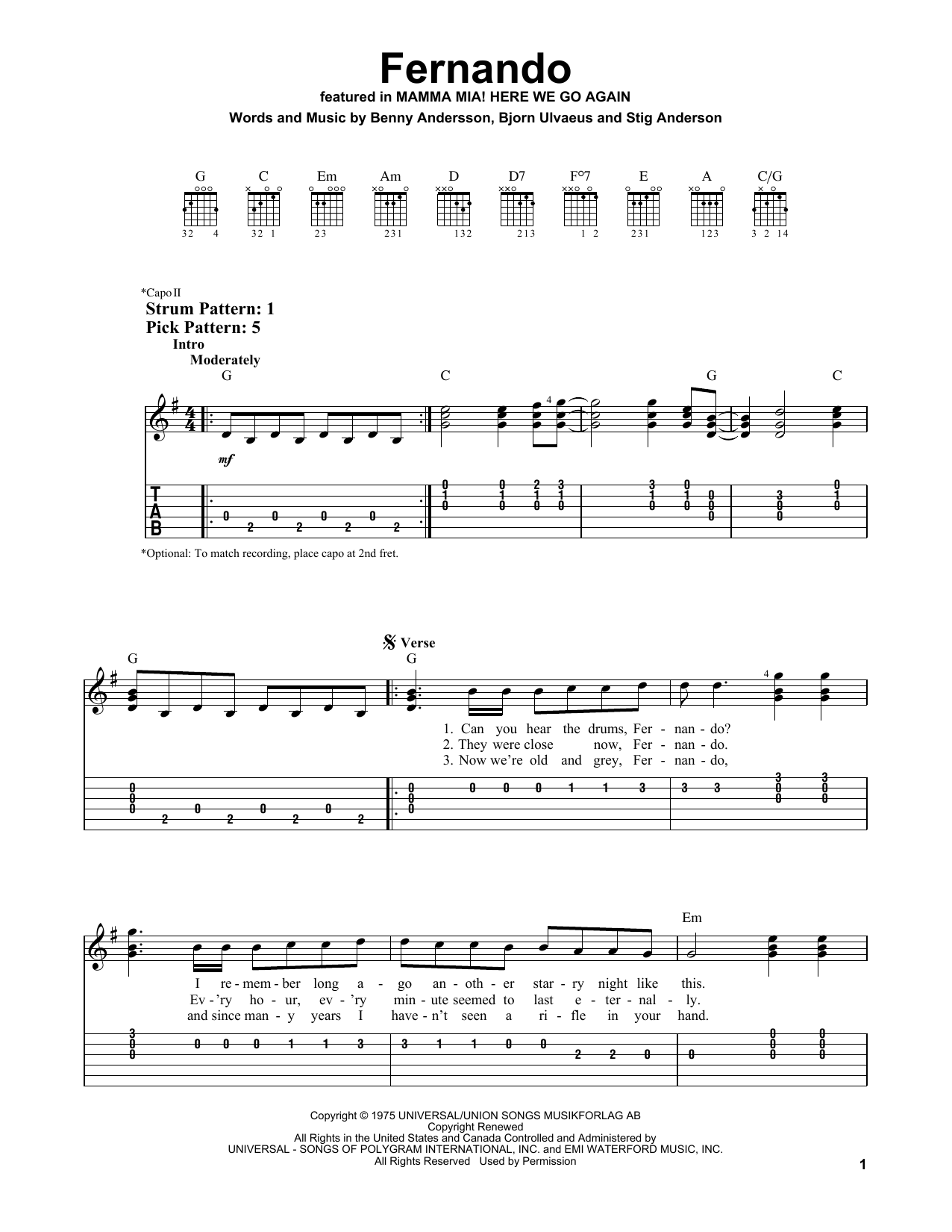 ABBA Fernando (from Mamma Mia! Here We Go Again) sheet music notes and chords arranged for Easy Guitar Tab