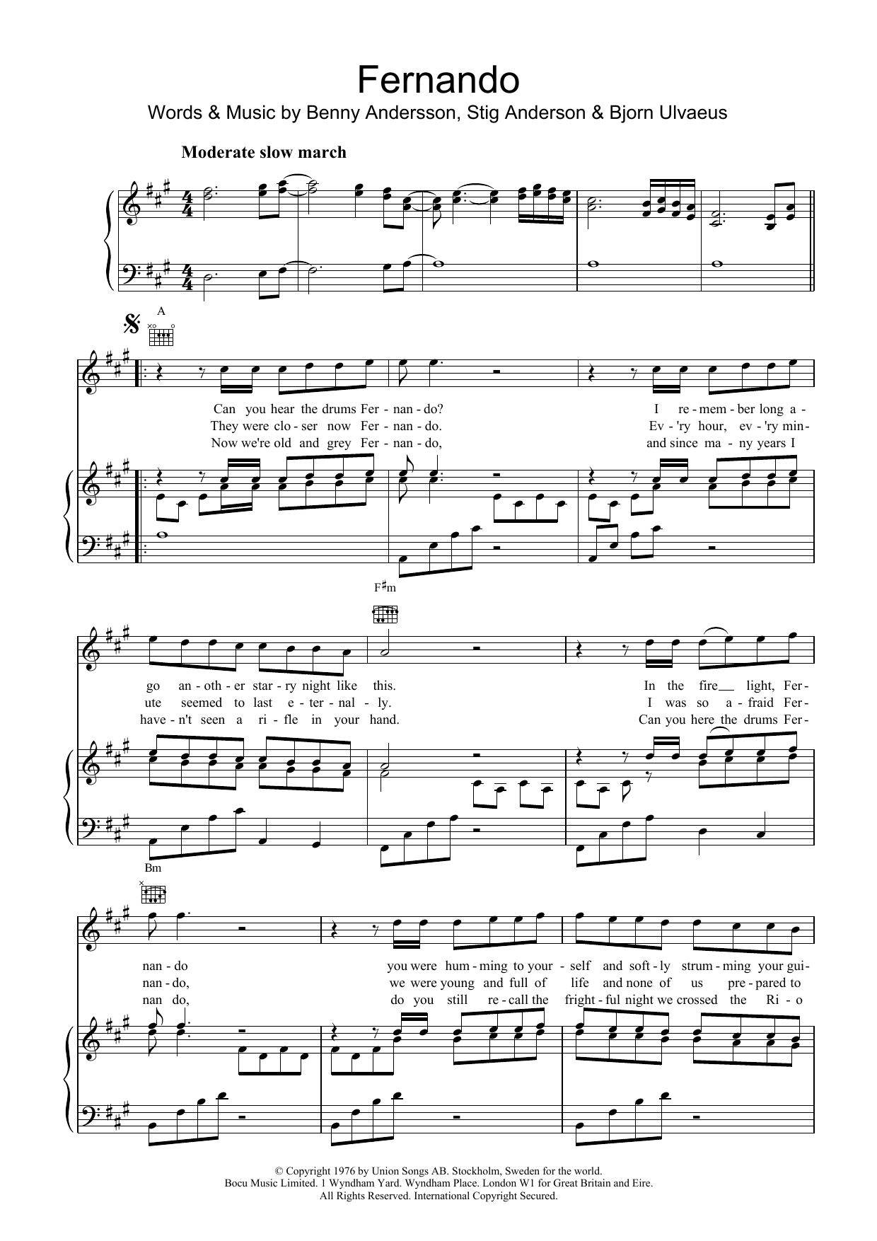 ABBA Fernando sheet music notes and chords arranged for Easy Piano