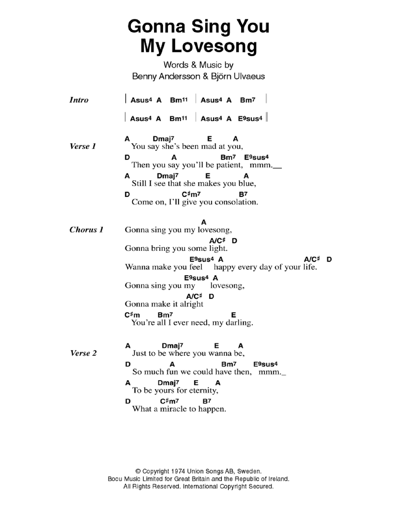 ABBA Gonna Sing You My Lovesong sheet music notes and chords arranged for Guitar Chords/Lyrics
