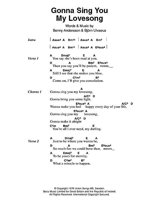ABBA Gonna Sing You My Lovesong sheet music notes and chords arranged for Guitar Chords/Lyrics