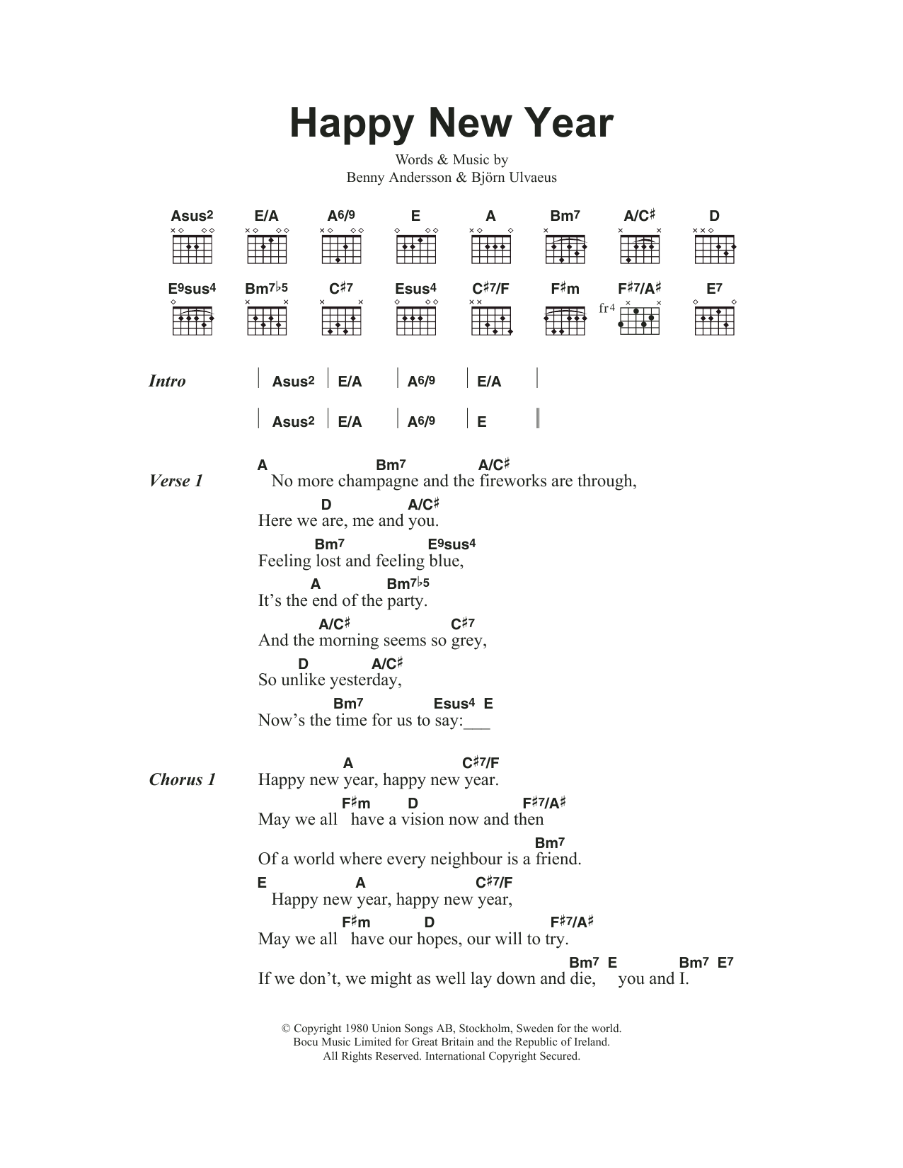 ABBA Happy New Year sheet music notes and chords arranged for Piano, Vocal & Guitar Chords