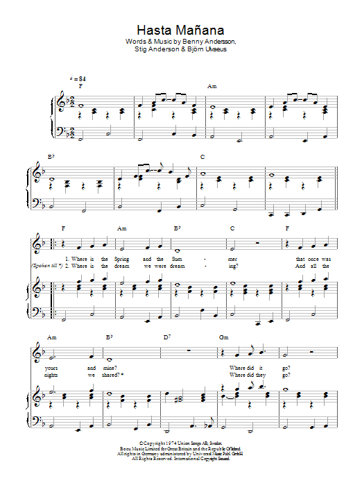 ABBA Hasta Manana sheet music notes and chords arranged for Piano, Vocal & Guitar Chords