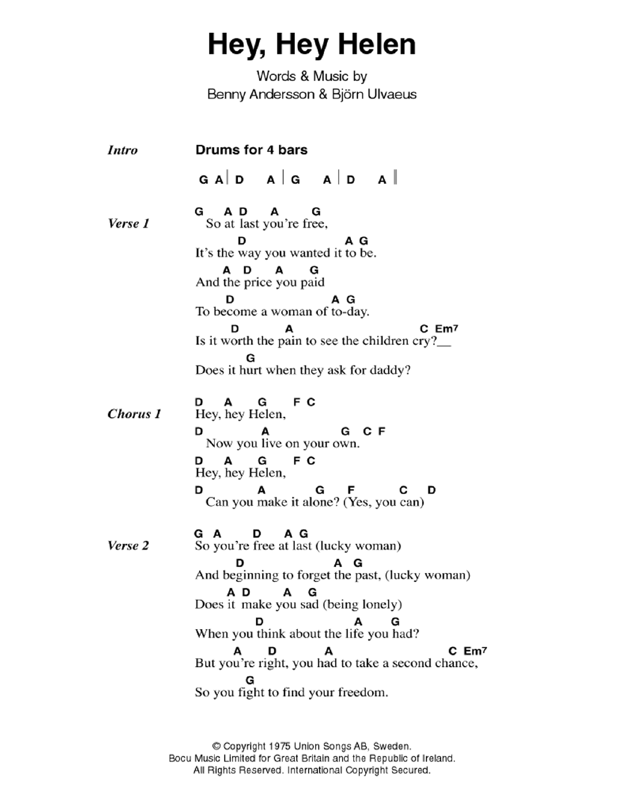 ABBA Hey, Hey Helen sheet music notes and chords arranged for Guitar Chords/Lyrics