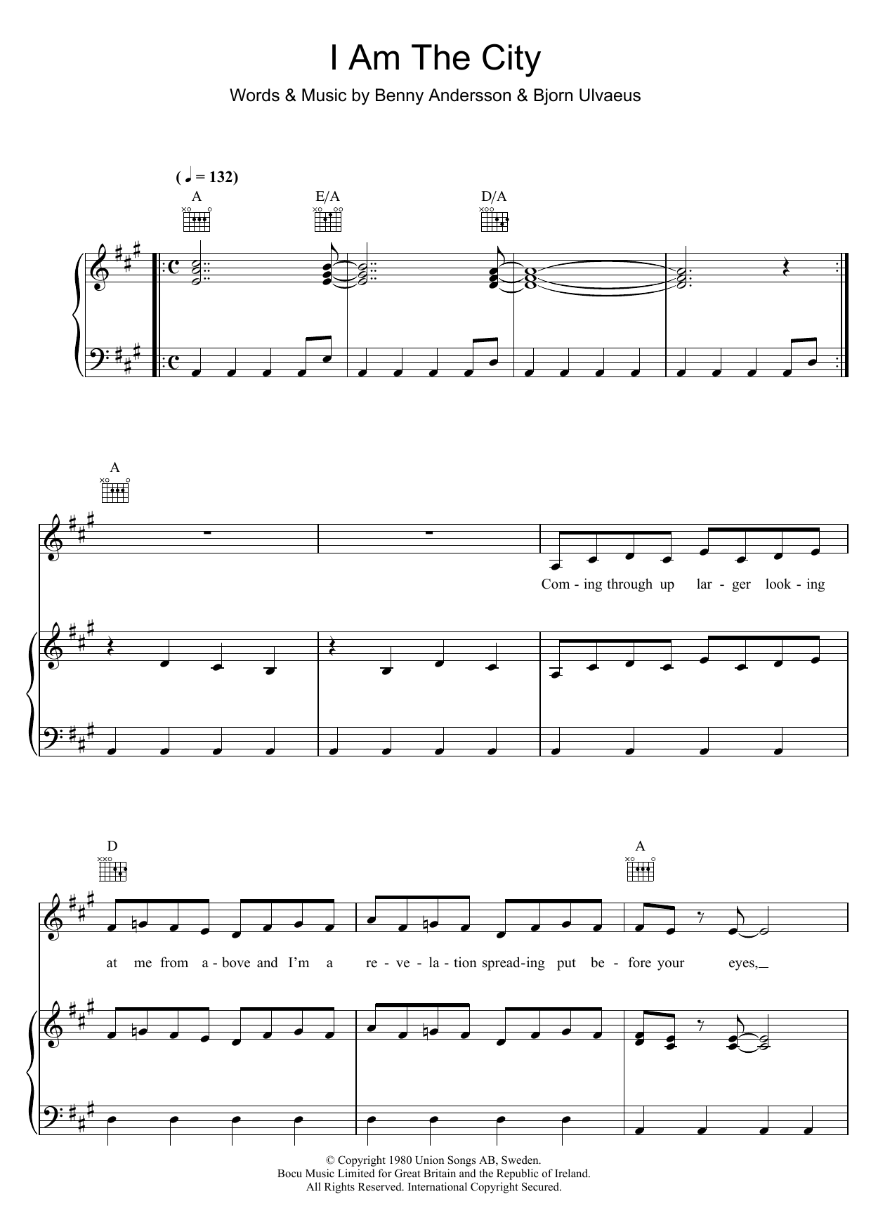 ABBA I Am The City sheet music notes and chords arranged for Piano, Vocal & Guitar Chords