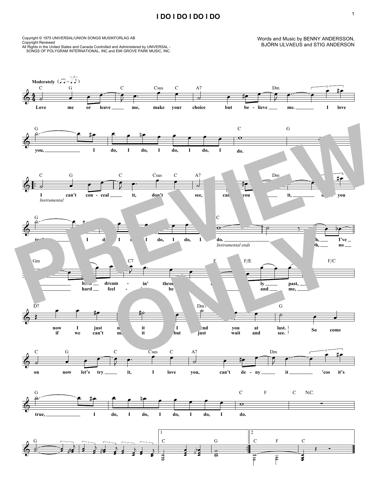 ABBA I Do I Do I Do I Do sheet music notes and chords arranged for Lead Sheet / Fake Book