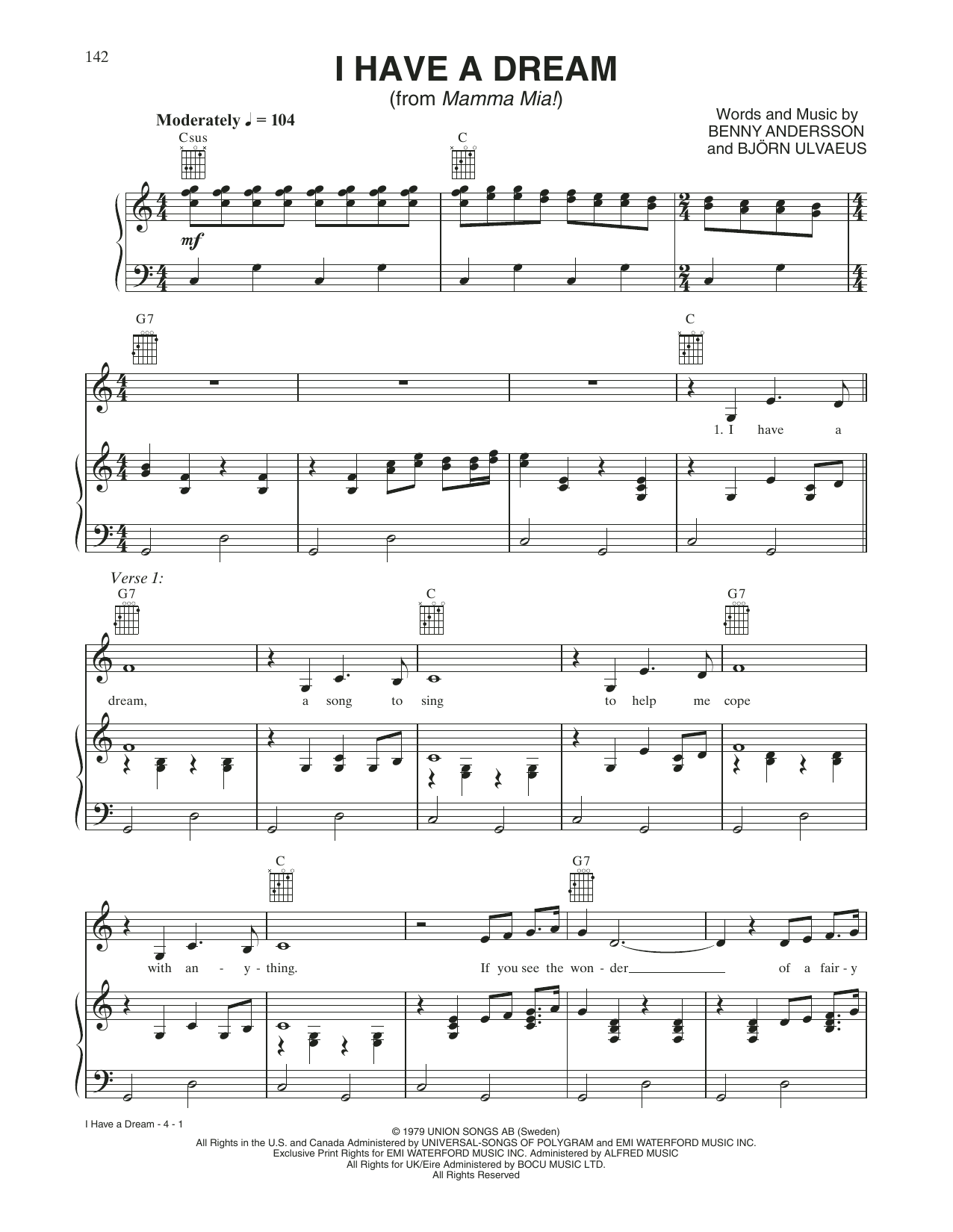 ABBA I Have A Dream (from Mamma Mia!) sheet music notes and chords arranged for Piano, Vocal & Guitar Chords (Right-Hand Melody)