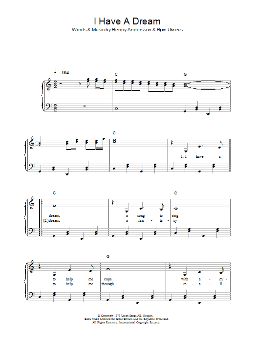ABBA I Have A Dream sheet music notes and chords arranged for Very Easy Piano
