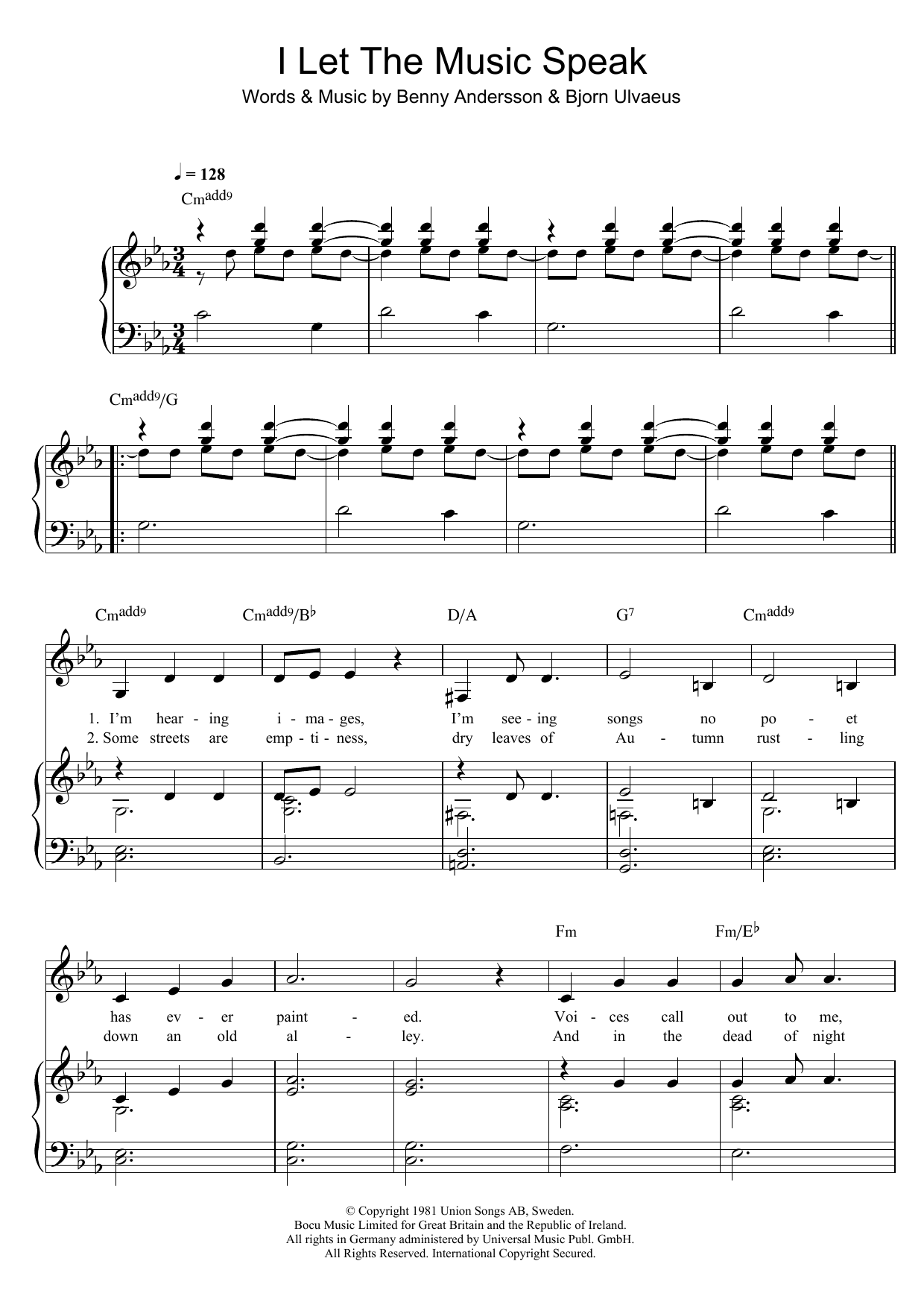 ABBA I Let The Music Speak sheet music notes and chords arranged for Piano, Vocal & Guitar Chords