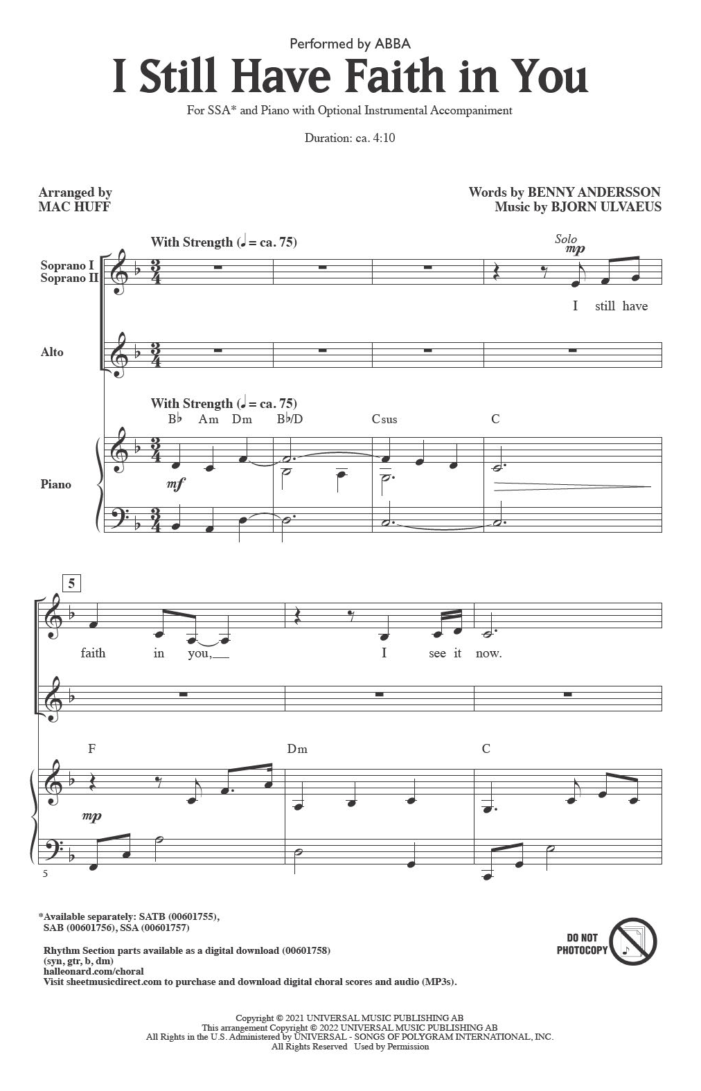 ABBA I Still Have Faith In You (arr. Mac Huff) sheet music notes and chords arranged for SSA Choir