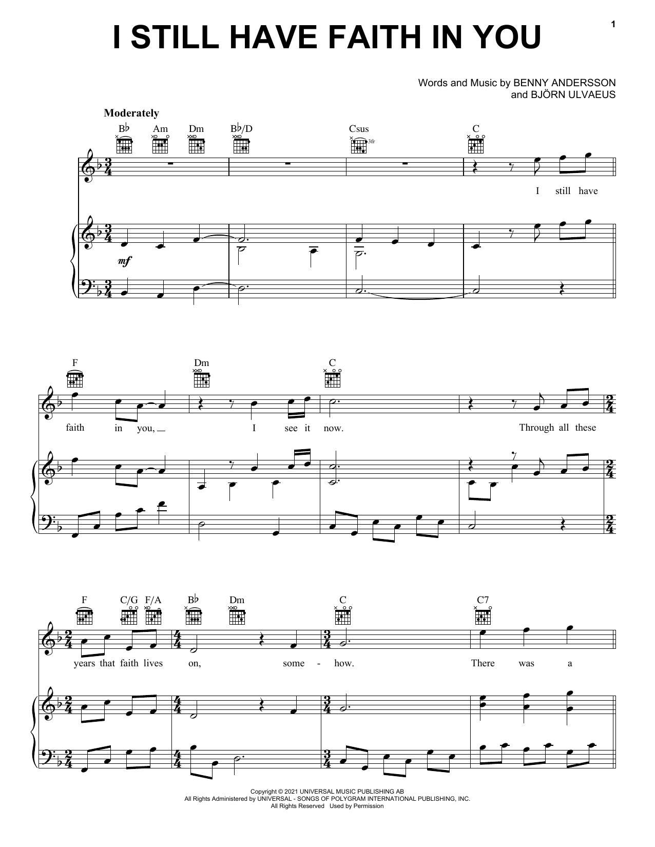 ABBA I Still Have Faith In You sheet music notes and chords arranged for Piano, Vocal & Guitar Chords (Right-Hand Melody)