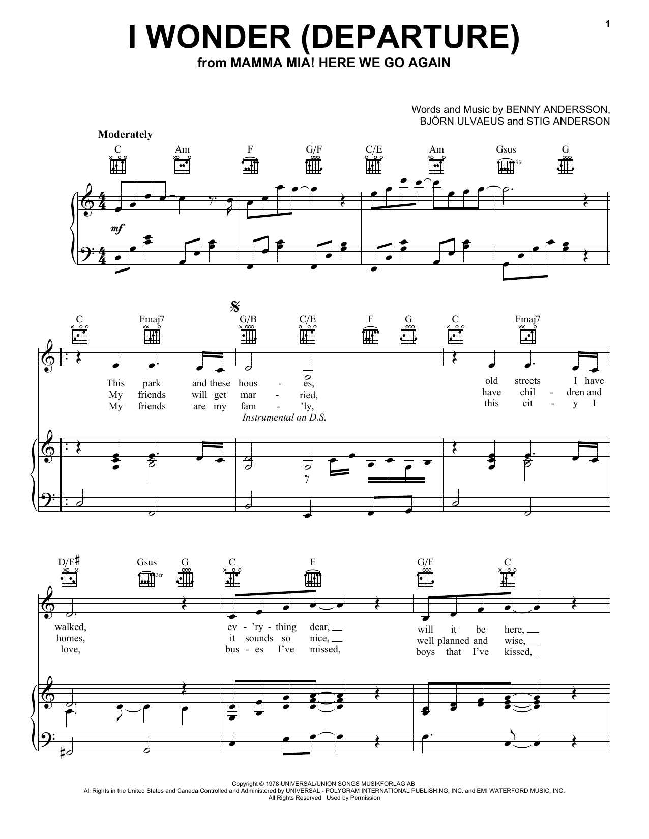 ABBA I Wonder (Departure) (from Mamma Mia! Here We Go Again) sheet music notes and chords arranged for Easy Piano