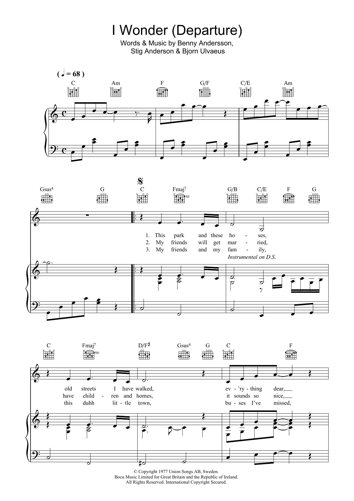ABBA I Wonder (Departure) sheet music notes and chords arranged for Piano, Vocal & Guitar Chords
